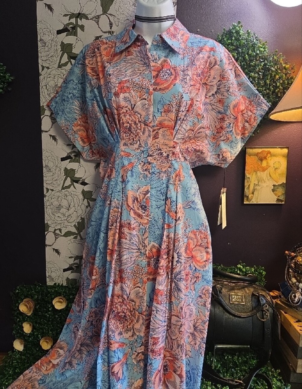 Pleated Floral Riot Shirt Dress By Nicole Miller -Bat Wing Style Sleeves - Sz 10